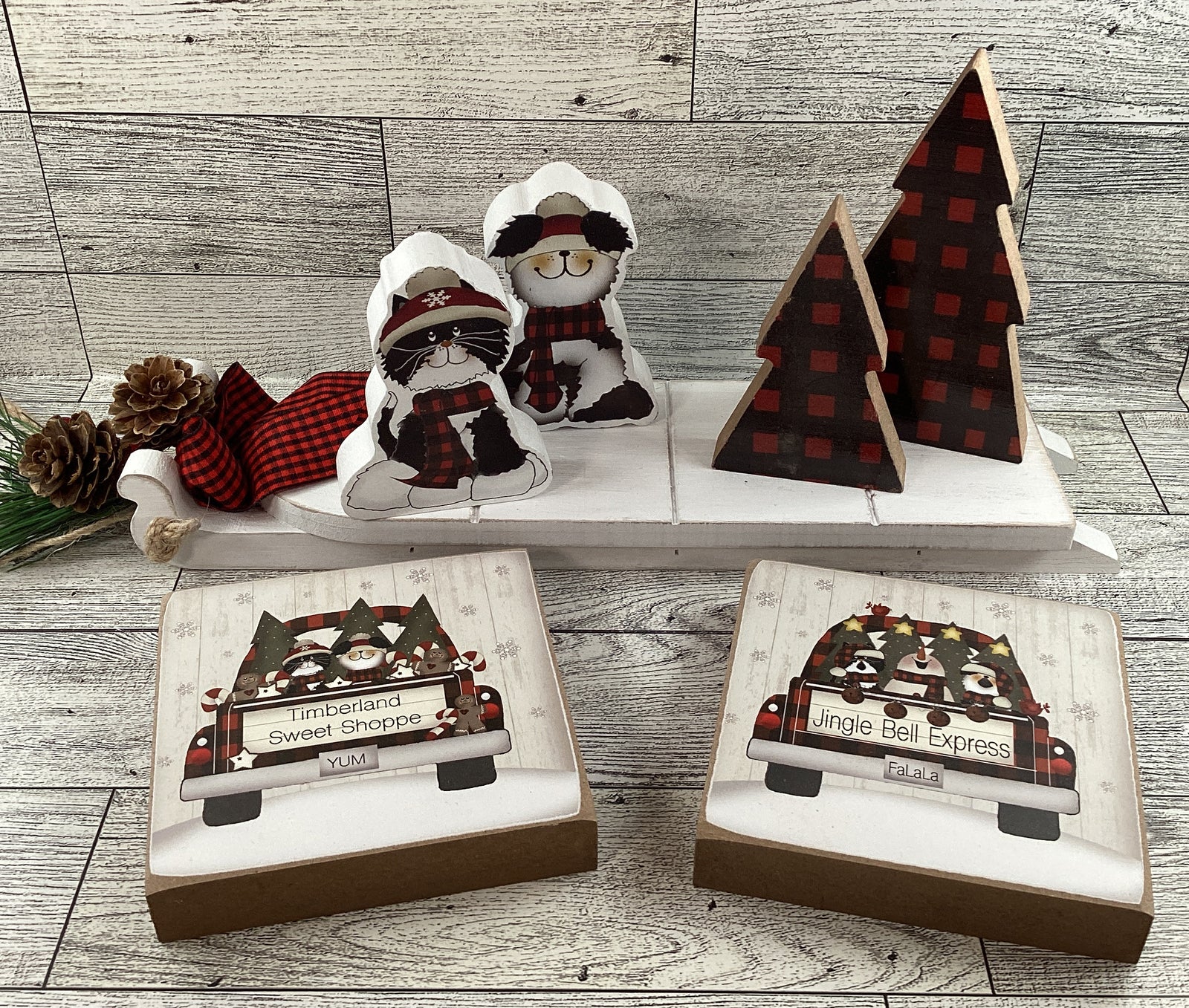 AGD Christmas Decor - Dog Cat Buffalo Plaid Wood Tree Sled Display 7pc