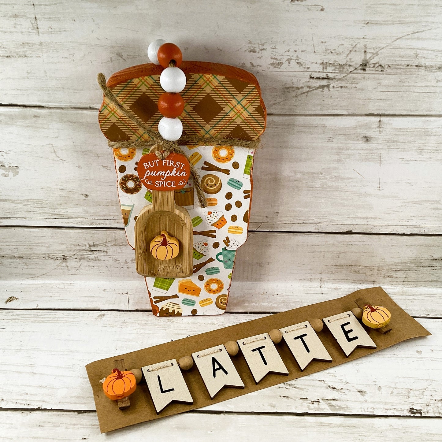 AGD Fall Decor - Chunky Wood Pumpkin Spice Cup Latte Mini Garland 2pc Set