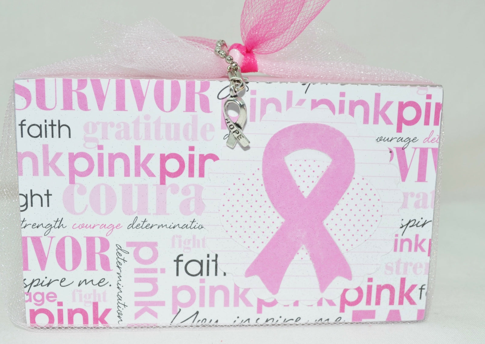 AGD Cancer Support Decor - Pink Survivor Ribbon Block Sitter
