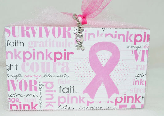 AGD Cancer Support Decor - Pink Survivor Ribbon Block Sitter