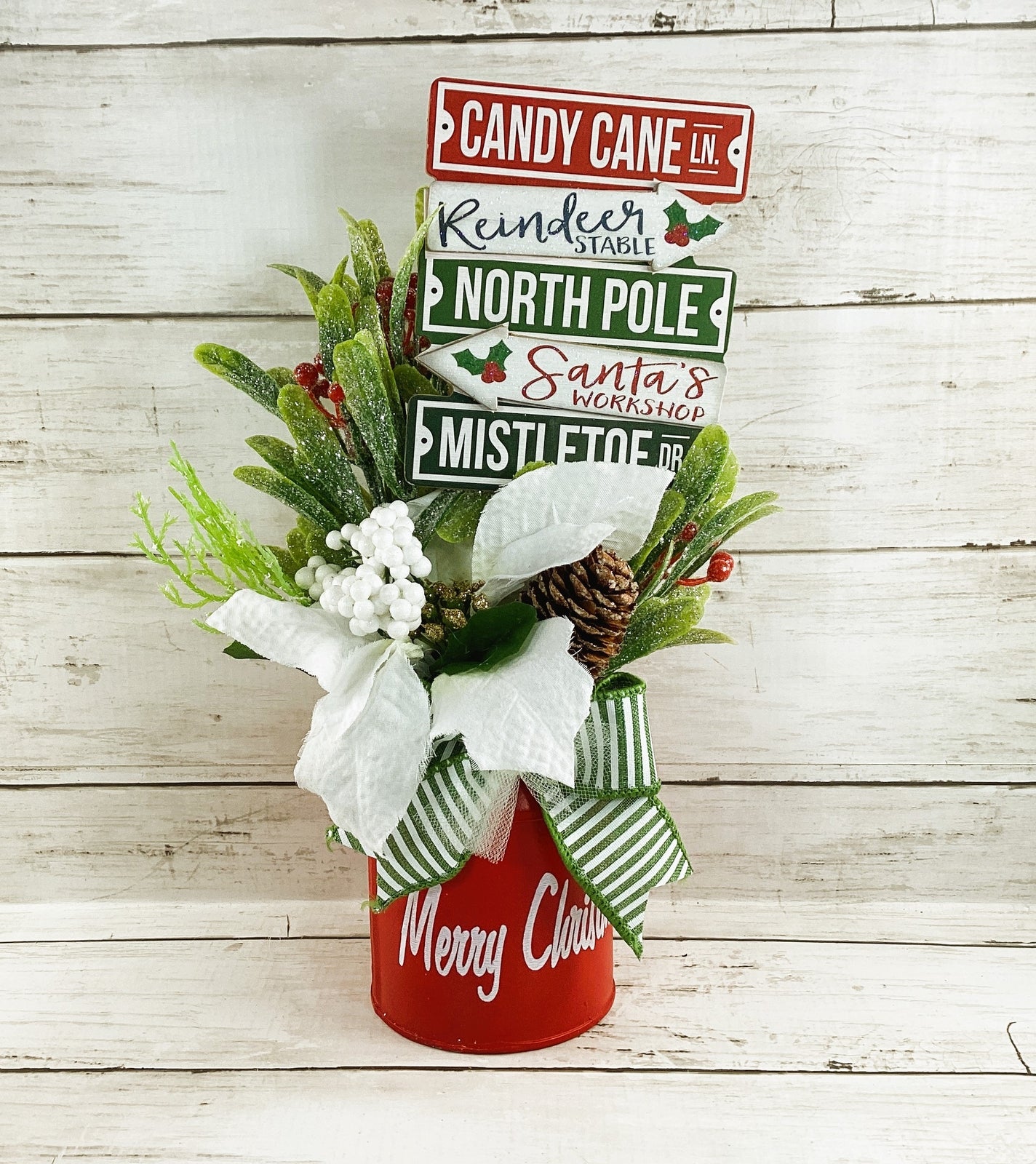 AGD Christmas Decor - Candy Cane Mistletoe Direction Metal Floral Milk Can