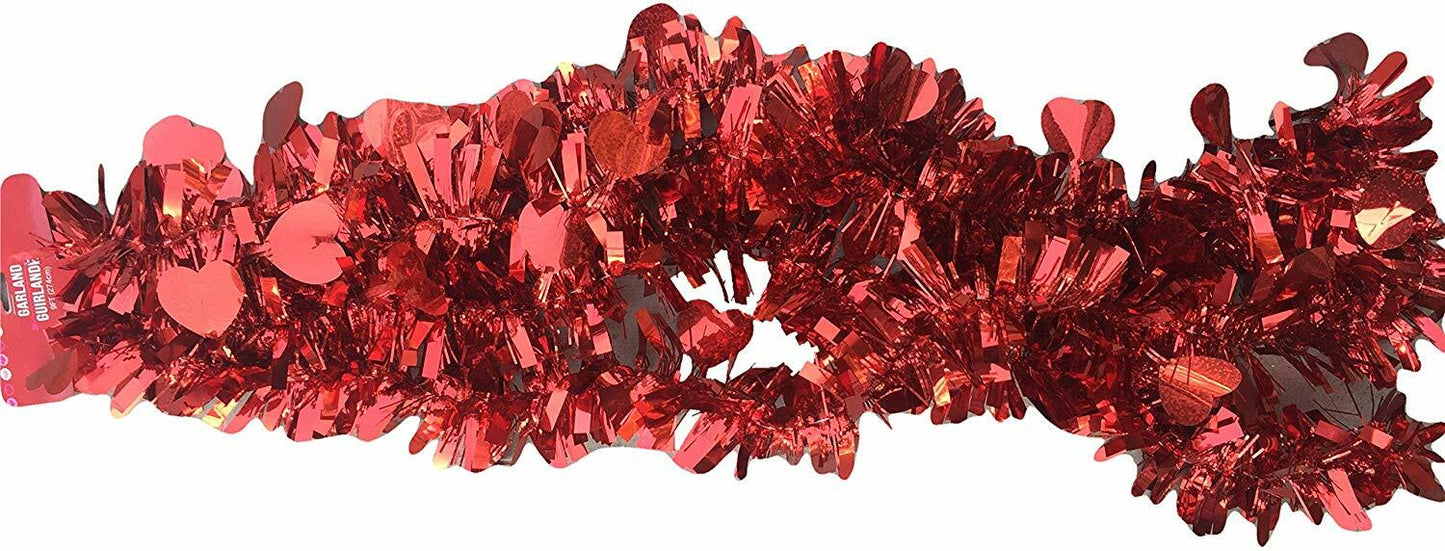 HL Valentines Decor - Red Thick Tinsel Red Hearts Garland 9ft