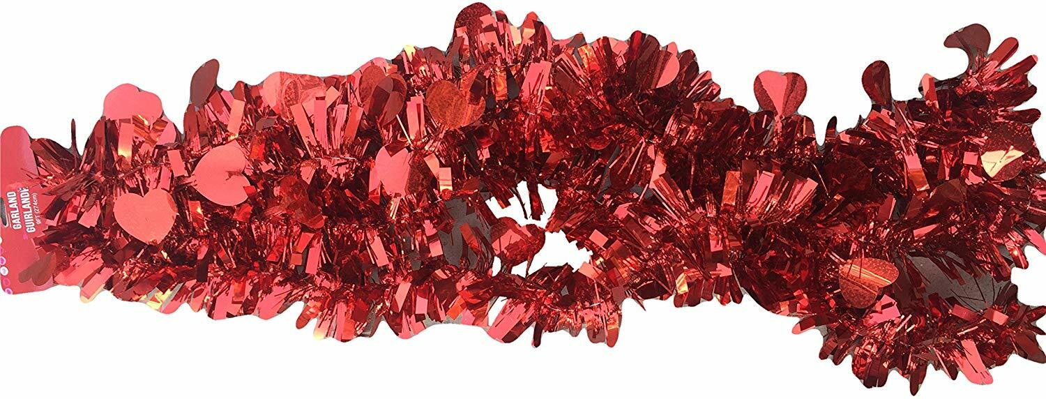 HL Valentines Decor - Red Thick Tinsel Red Hearts Garland 9ft
