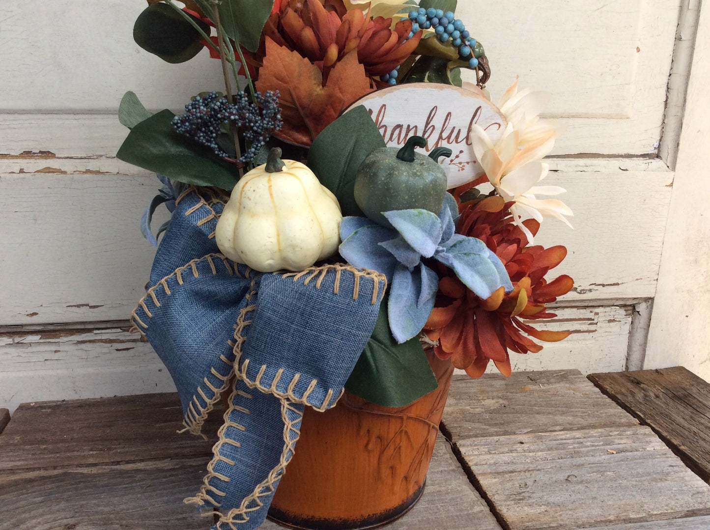 AGD Fall Decor - Thankful Floral Metal Planter Centerpiece