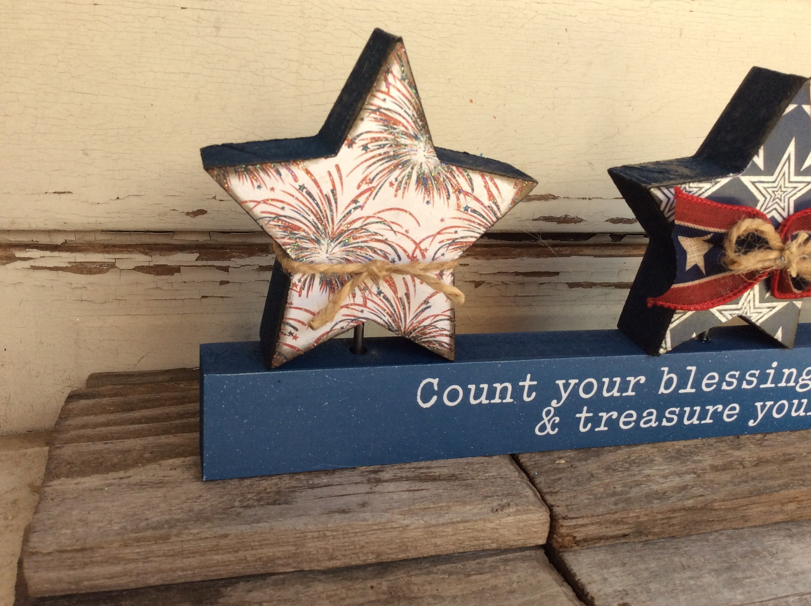 AGD Patriotic Decor - Count Blessings Treasure Your Freedom Star Chunky Wood