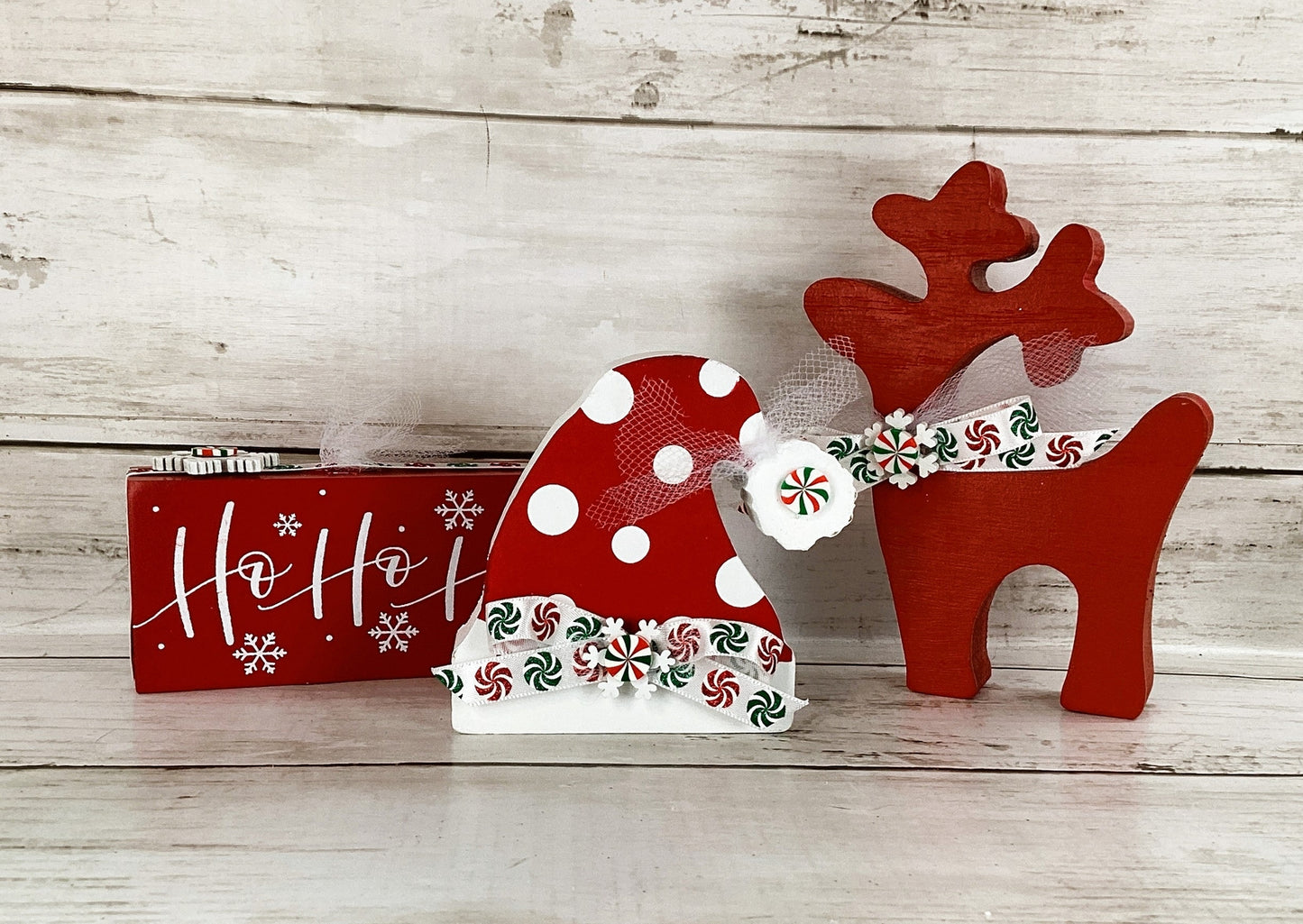 AGD Christmas Decor - Red White Peppermint Santa Hat Reindeer 3pc