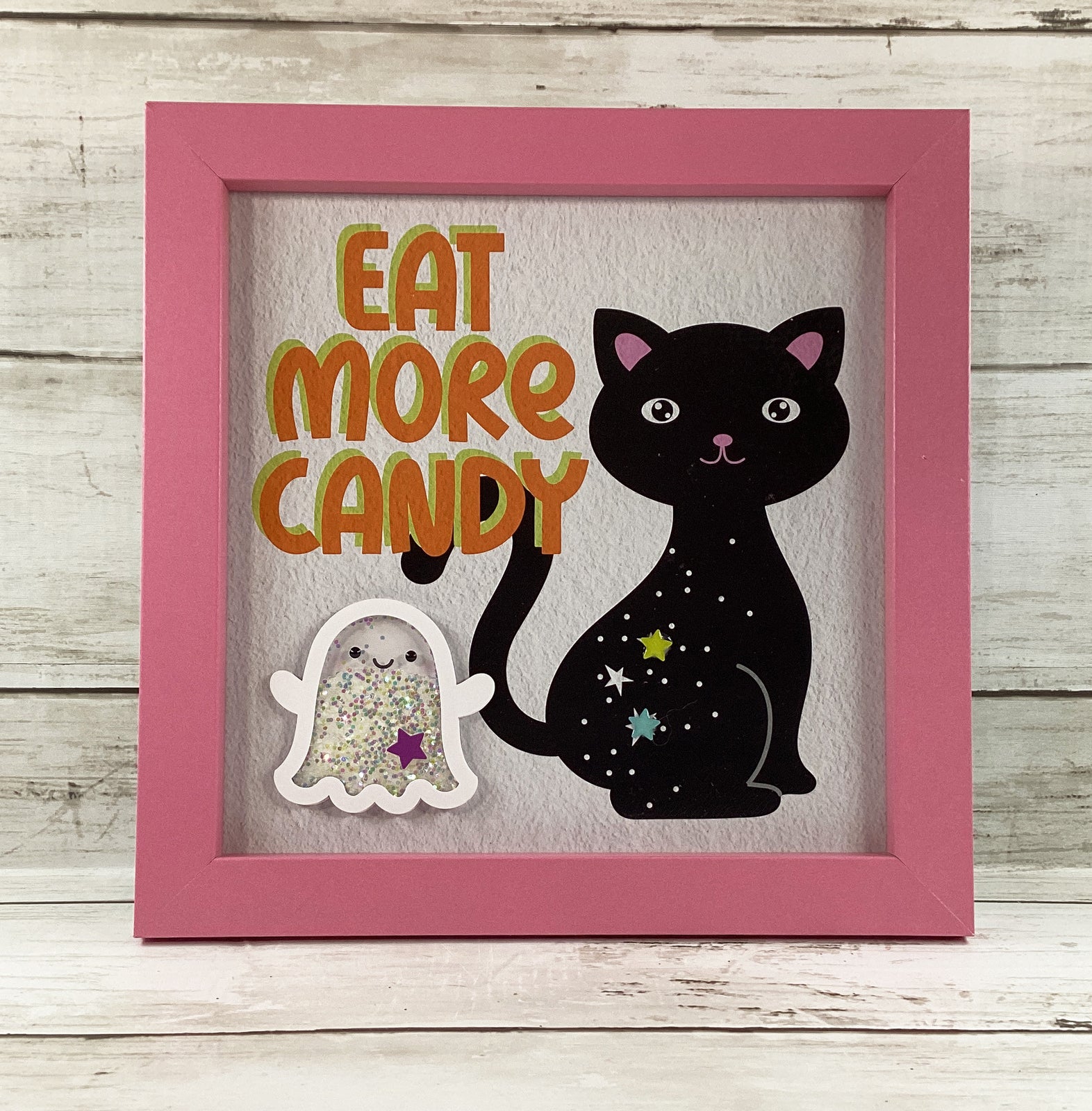 Halloween Decor Pastel Cat Ghost Trick Treat Shaker Signs 3pc Set