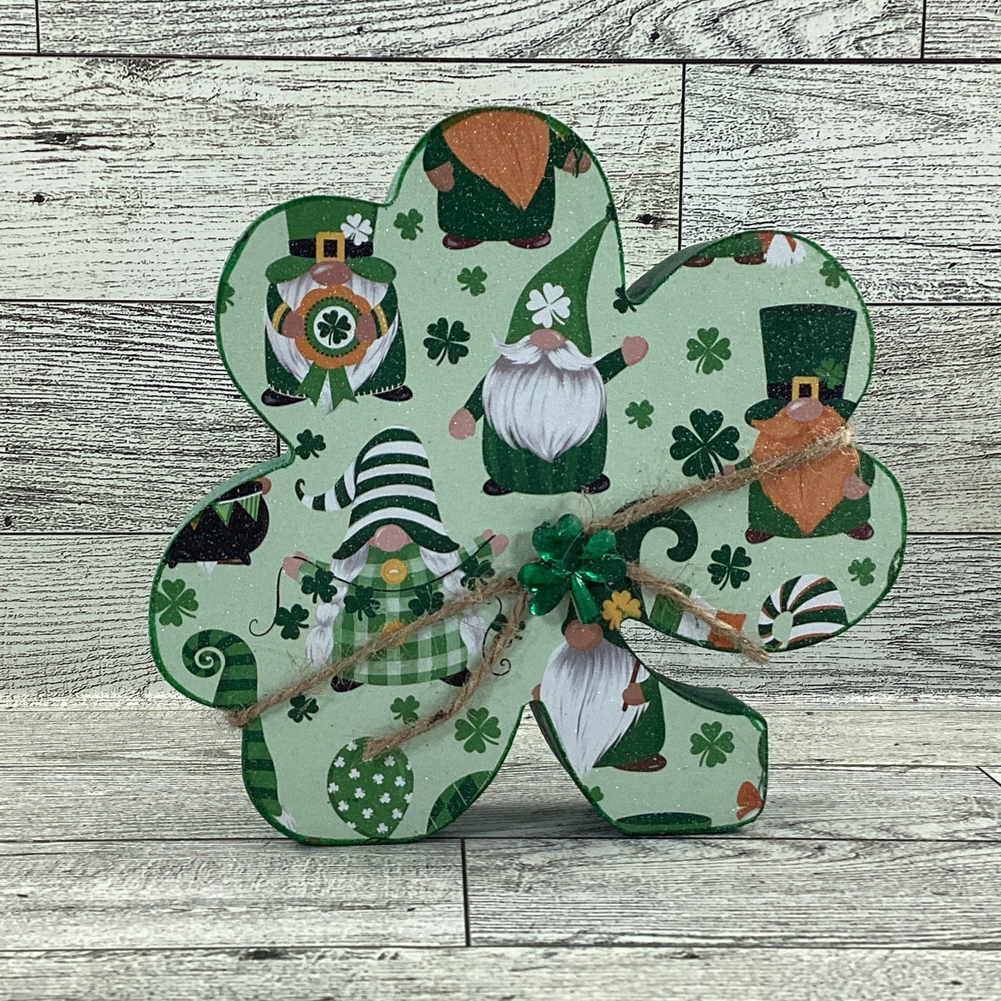 AGD Saint Patrick Decor - Irish Gnome Chunky Wood Shamrock Sitter