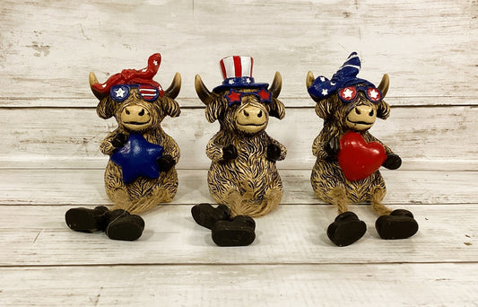 Gerson Patriotic Decor -July 4th Highland Cow Figurines 3pc