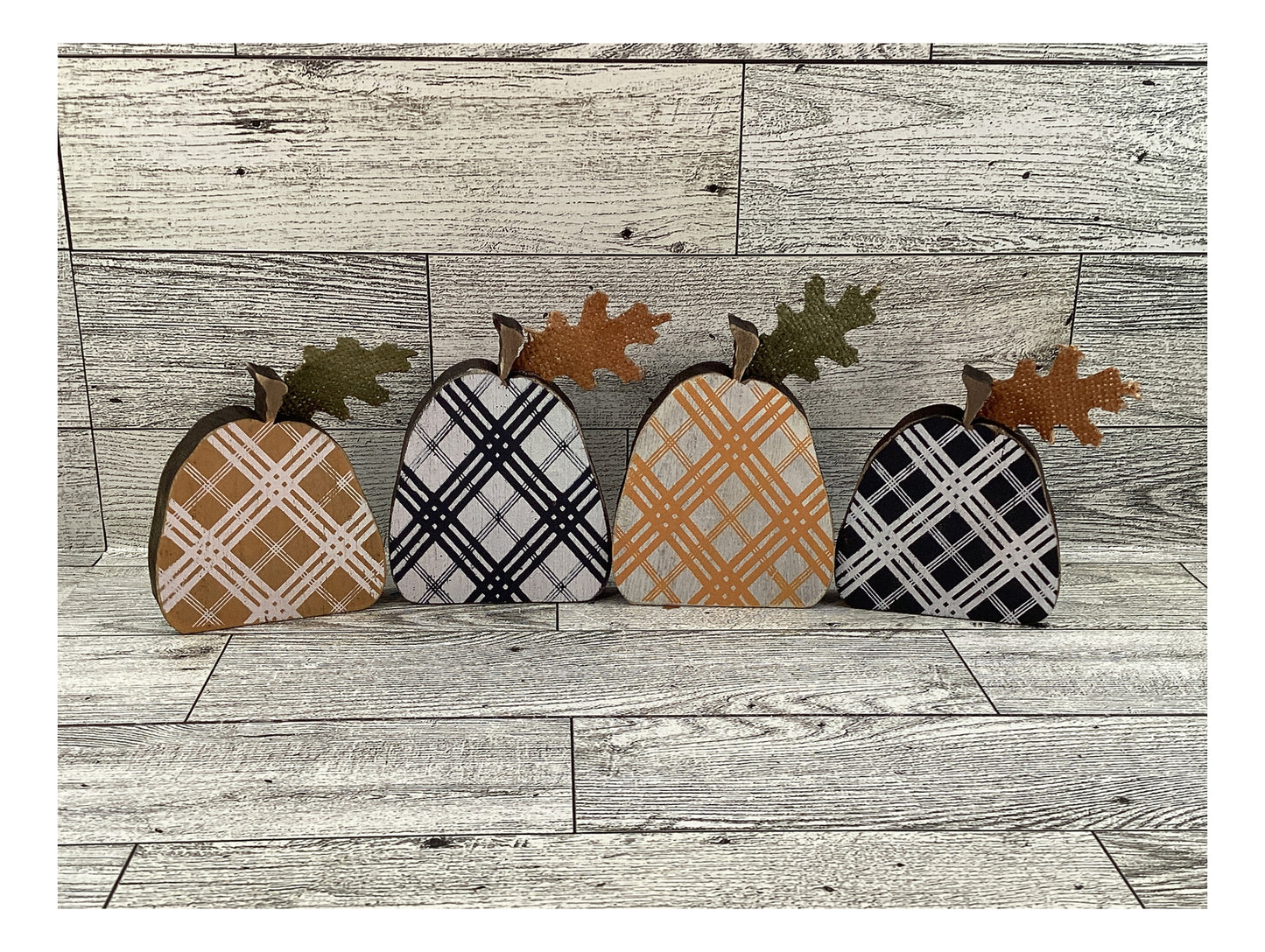 Fall Decor - Small Wood Watercolor Plaid Pumpkins Tier Tray 9pc Set