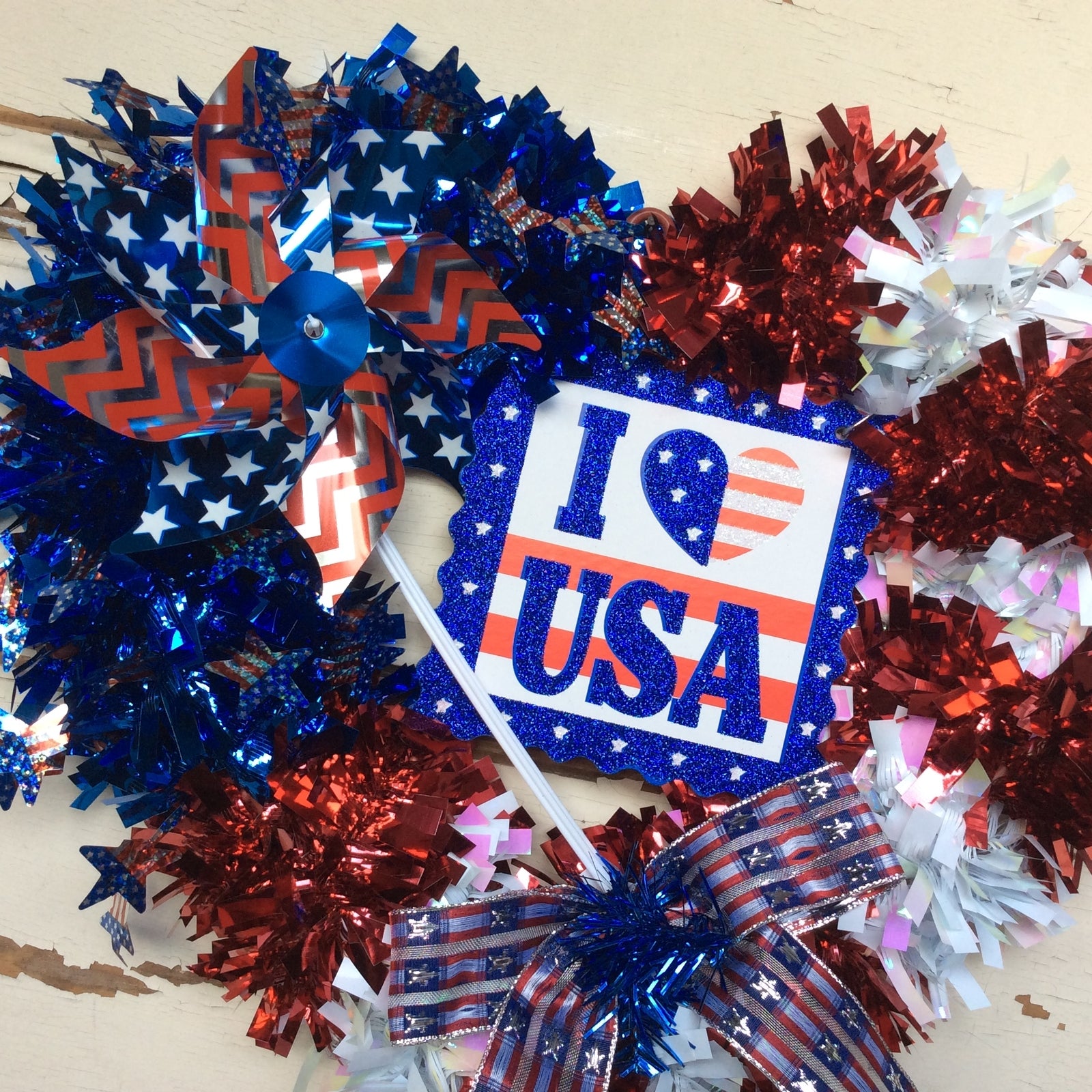 AGD Patriotic Decor - Love the USA Pinwheel Tinsel Heart Wreath