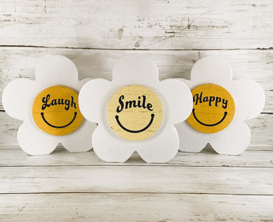 AGD Summer Decor - Smiley Face Happy Wood Flowers Sitter 3pc Set