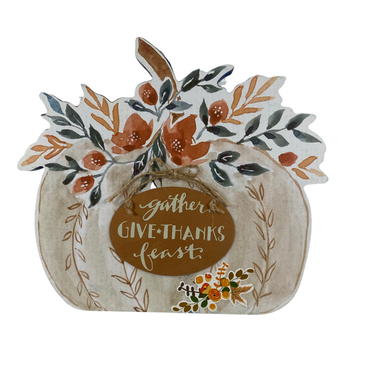 AGD Fall Decor - Gather Give Thanks Water Color Floral Pumpkin Easel Back Sign