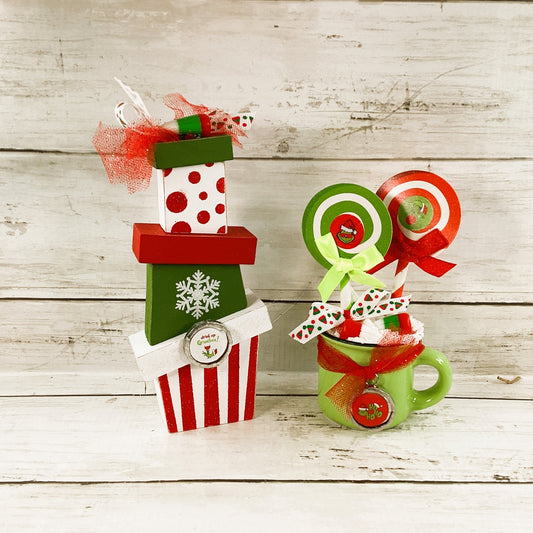 AGD Christmas Decor - Whimsy Red Green Latte Cup Stacking Gifts 2pc