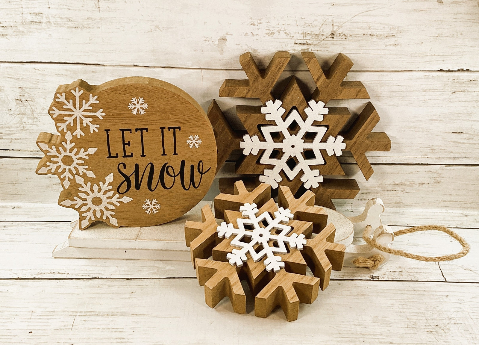 AGD Christmas Decor - Farmhouse Let It Snow Snowflake Sled 4pc Set