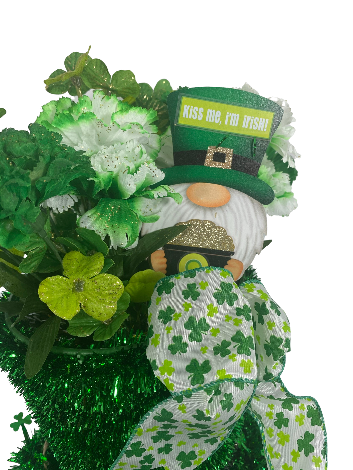 AGD St Patrick's Decor - Large Green Lighted Tinsel Tophat Centerpiece