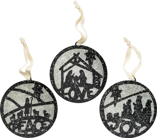 PBK Christmas Ornament - Tin Bulb Shape - Nativity Scene Silhouette 3pc #32713