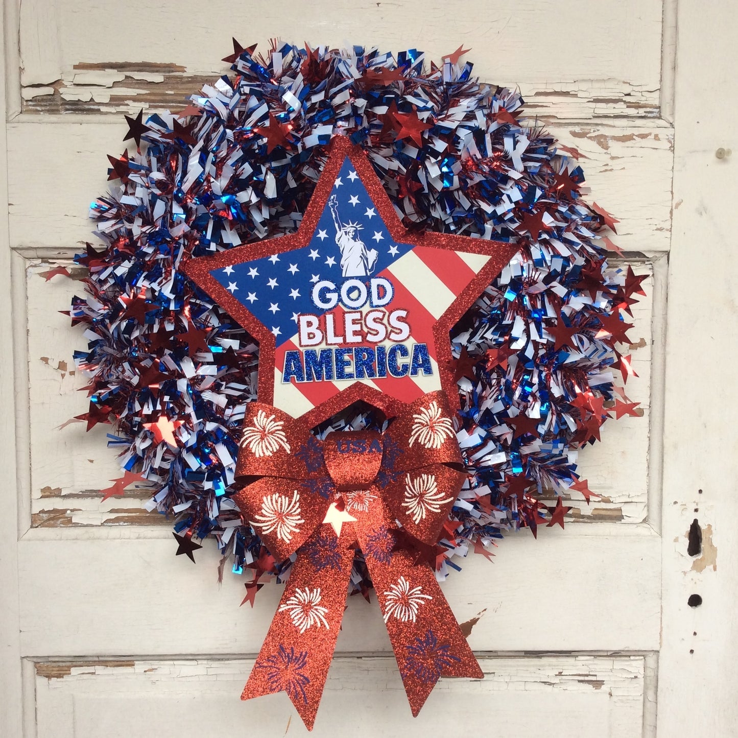 AGD Patriotic Decor - God Bless America Tinsel Wreath