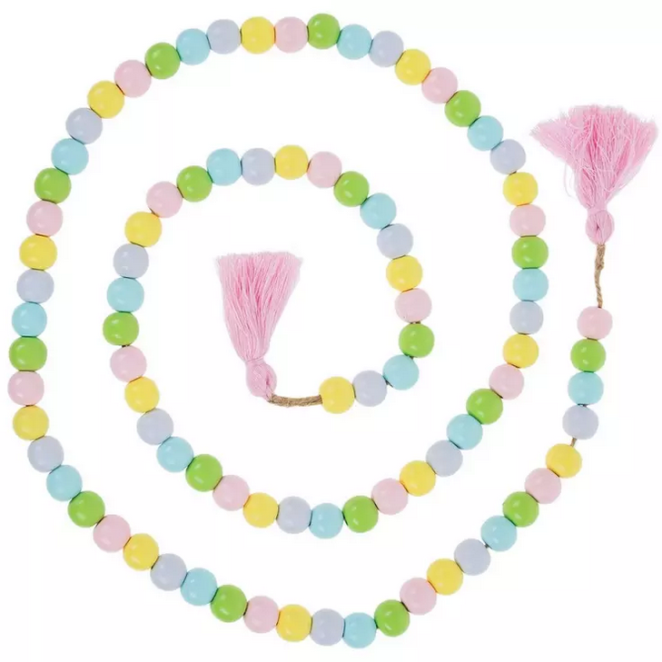 HL Easter Spring Decor - Pastel Wood Bead Beaded Tassel Garland 6ft