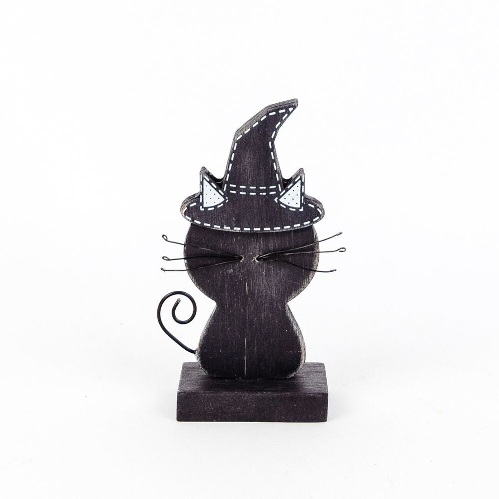 Adams & Co. Halloween Decor - Cute Black Cat Witch Hat Wood Sitter