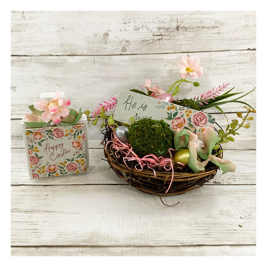 AGD Easter Decor - He Is Risen Happy Easter Floral Birds Nest Display