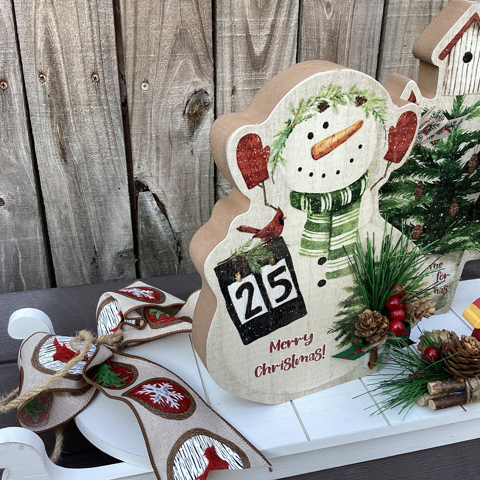 AGD Christmas Decor - Snowmen Cardinal on Sled Mantle Centerpiece 24inch