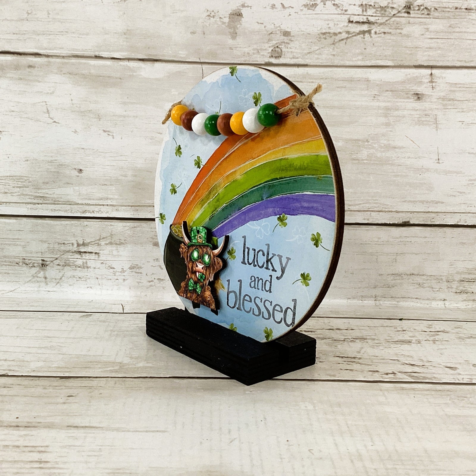 AGD St Patrick Decor - Highland Cow Lucky and Blessed Sign