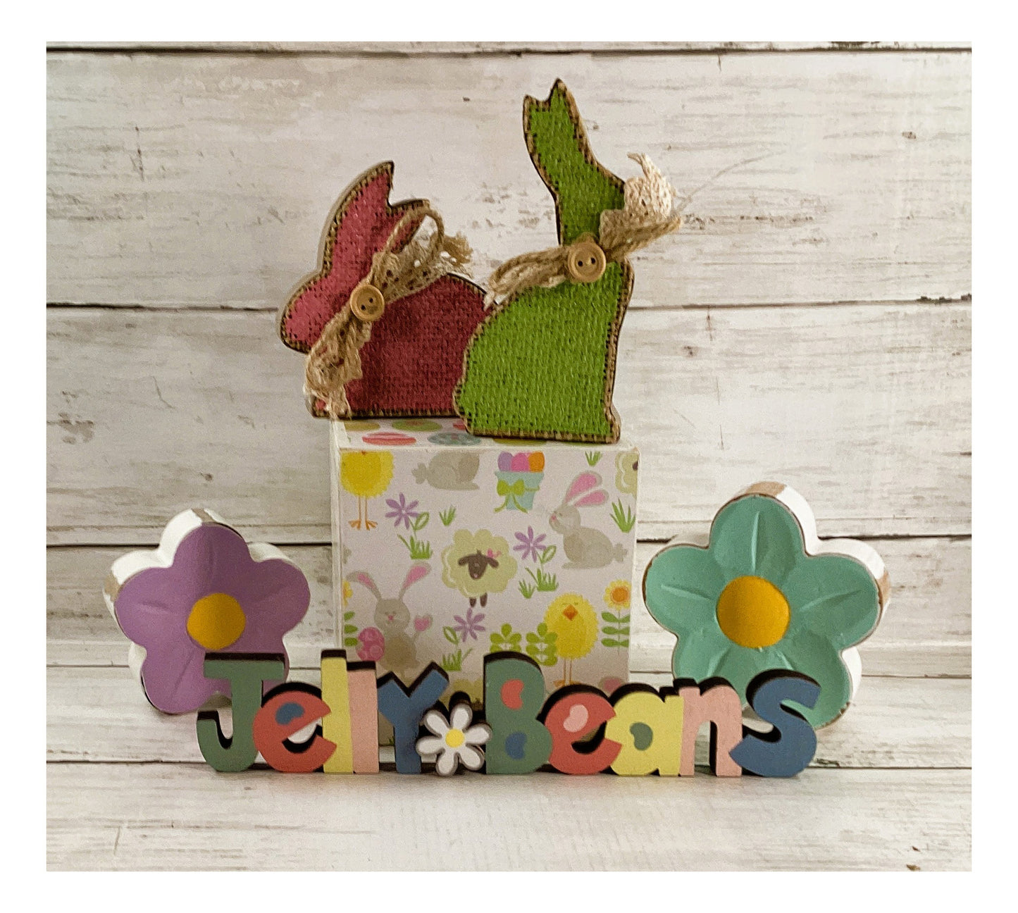 AGD Easter Decor - Jellybeans Block Signs Rabbit Spring Flowers Display