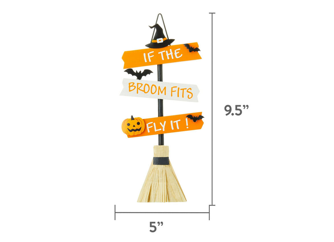 WM Halloween Decor _White Orange Broom Fit's Fly It Wood Sitter