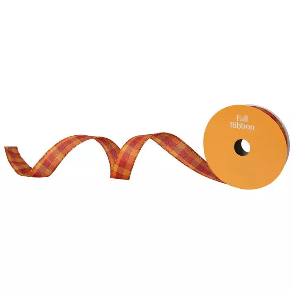 HL Fall Craft Supply - Orange Red Copper Plaid Wired Edge Ribbon 1-inch x10 yds