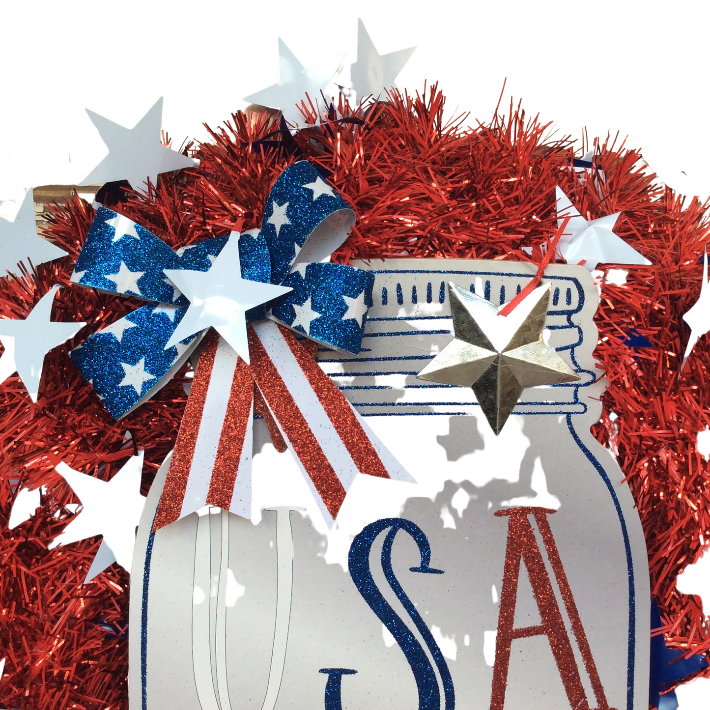 AGD Patriotic Decor - USA Freedom Mason Jar Tinsel Wreath