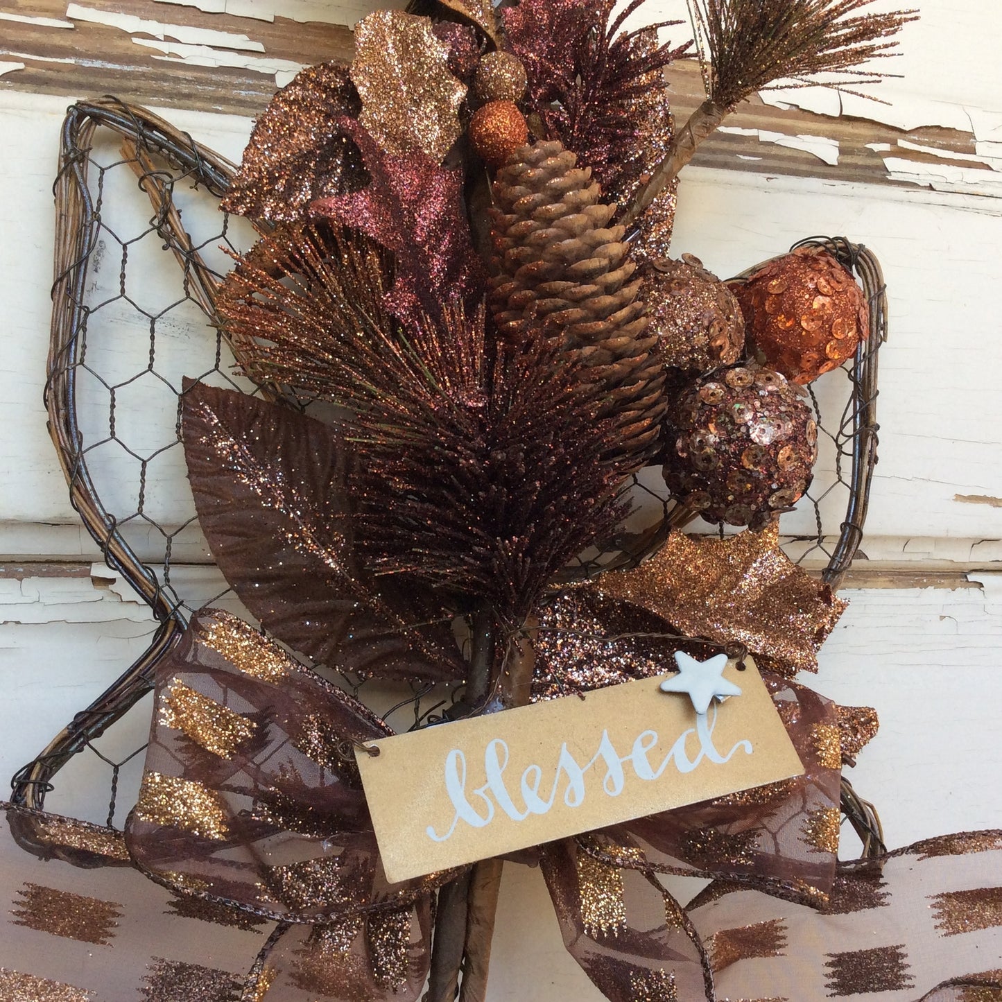 AG Designs Fall Harvest Decor – Blessed Bronze Glitter Grapevine Maple Leaf