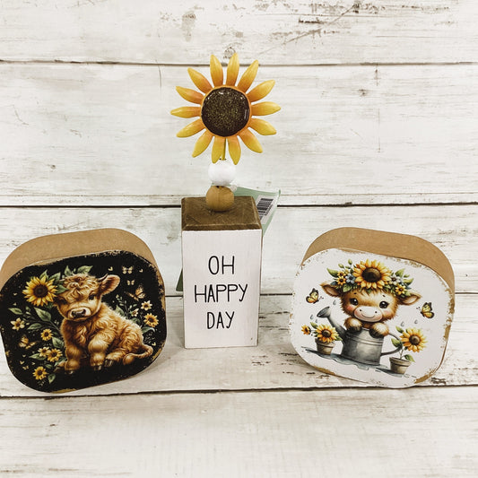 AGD Spring Decor - Sunflower Oh Happy Day Highland Cow Tier Tray 3pc