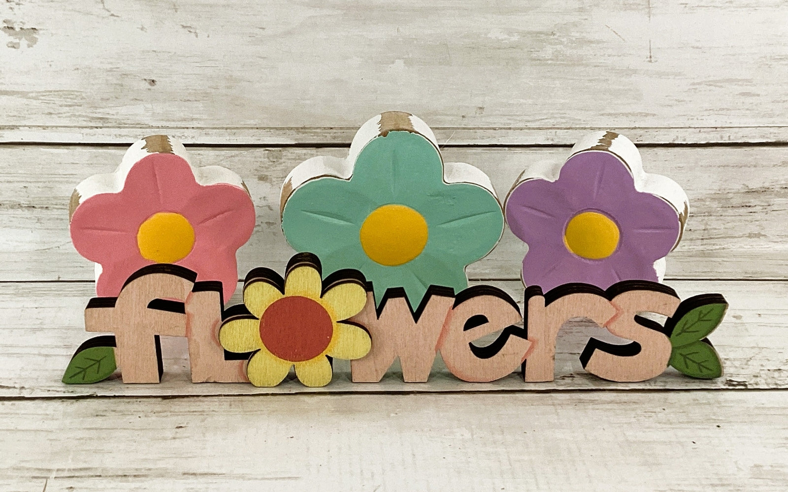 CWI CP Spring Decor - Chunky Wood Flowers and Sign Tier Tray 4pc Set
