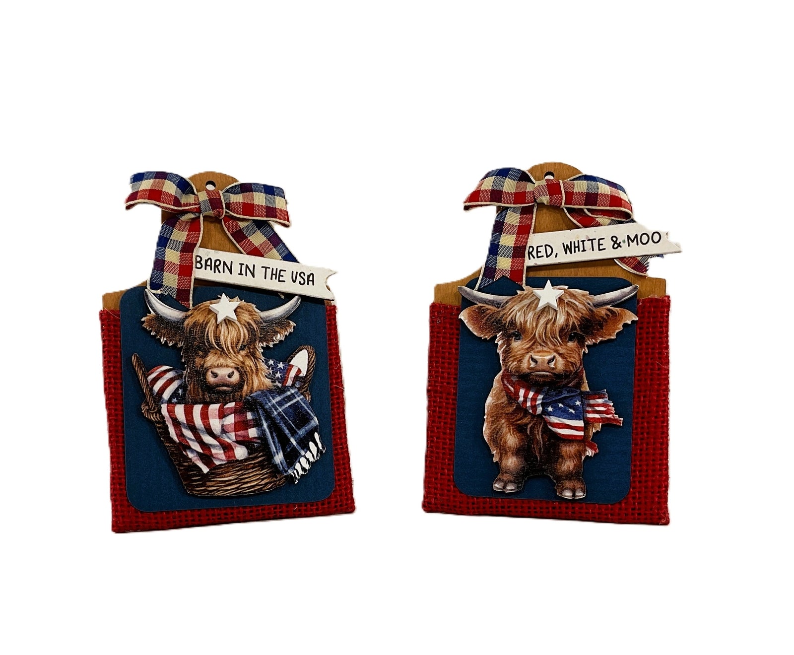 AGD Patriotic Decor- July 4th Red White Moo Highland Cow Signs 2pc