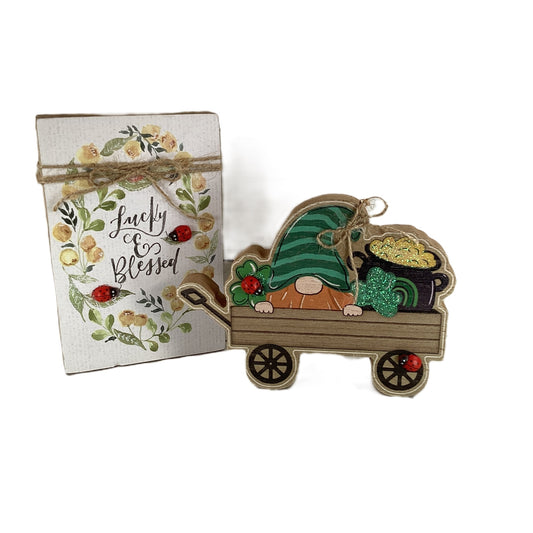 AGD St Patrick's Decor - Blessed & Lucky Gnome Chunky Wagon Sign 2pc Set
