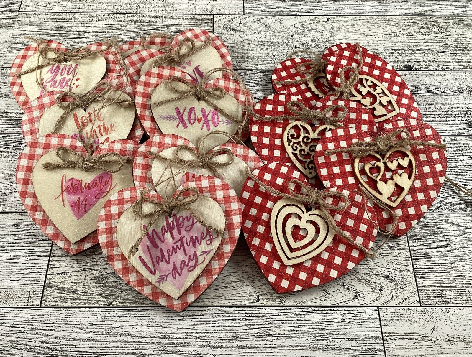 AGD Valentines Decor - Pink Red White Plaid Layer Wood Ornaments 13pc