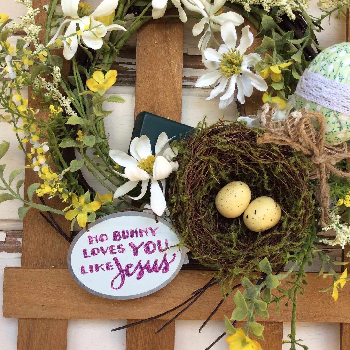 AGD Easter Decor - No Bunny Loves You Like Jesus Fence Lighted Wreath