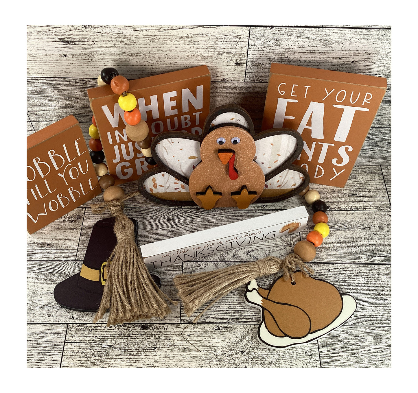 AGD Fall Decor - Wood Turkey Gobble Fat Pants Gravy Pilgrim Garland Tier Tray