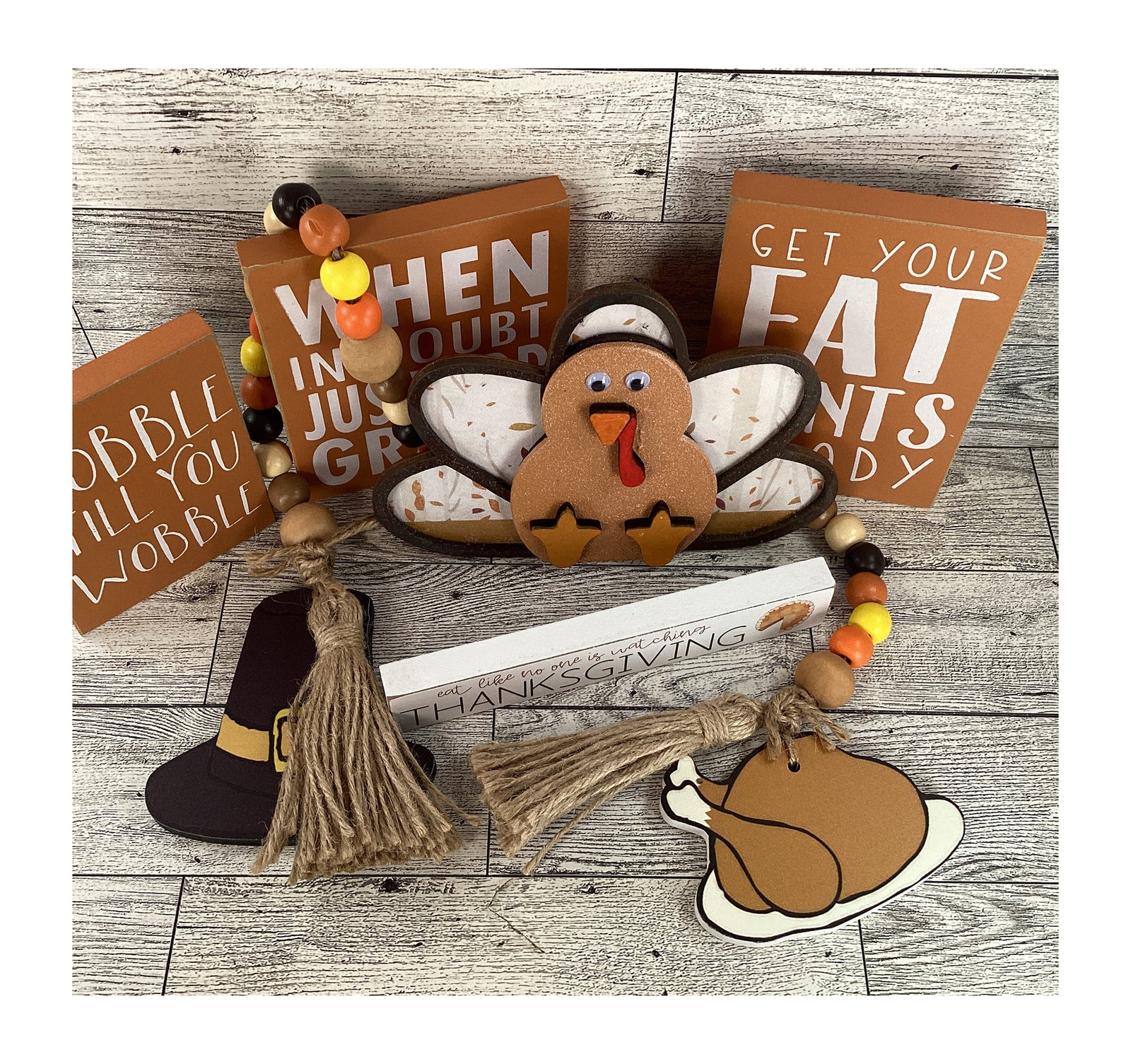 AGD Fall Decor - Wood Turkey Gobble Fat Pants Gravy Pilgrim Garland Tier Tray