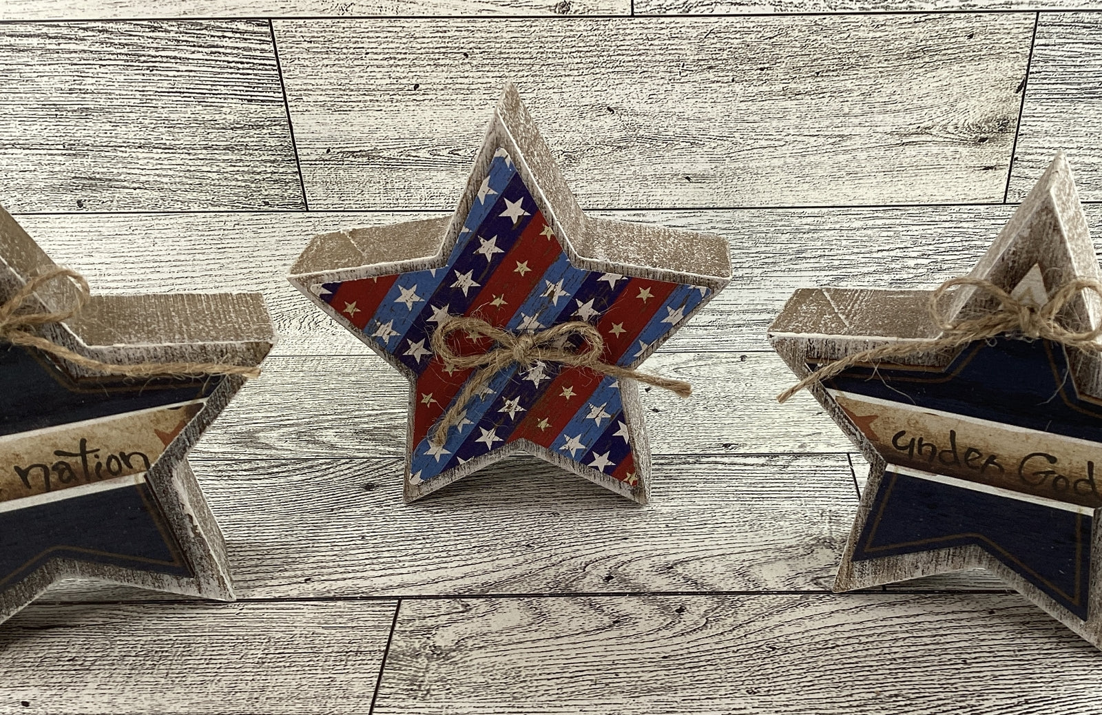 AGD Patriotic Decor - One Nation Under God Weathered Prim Stars Tier Tray 3pc