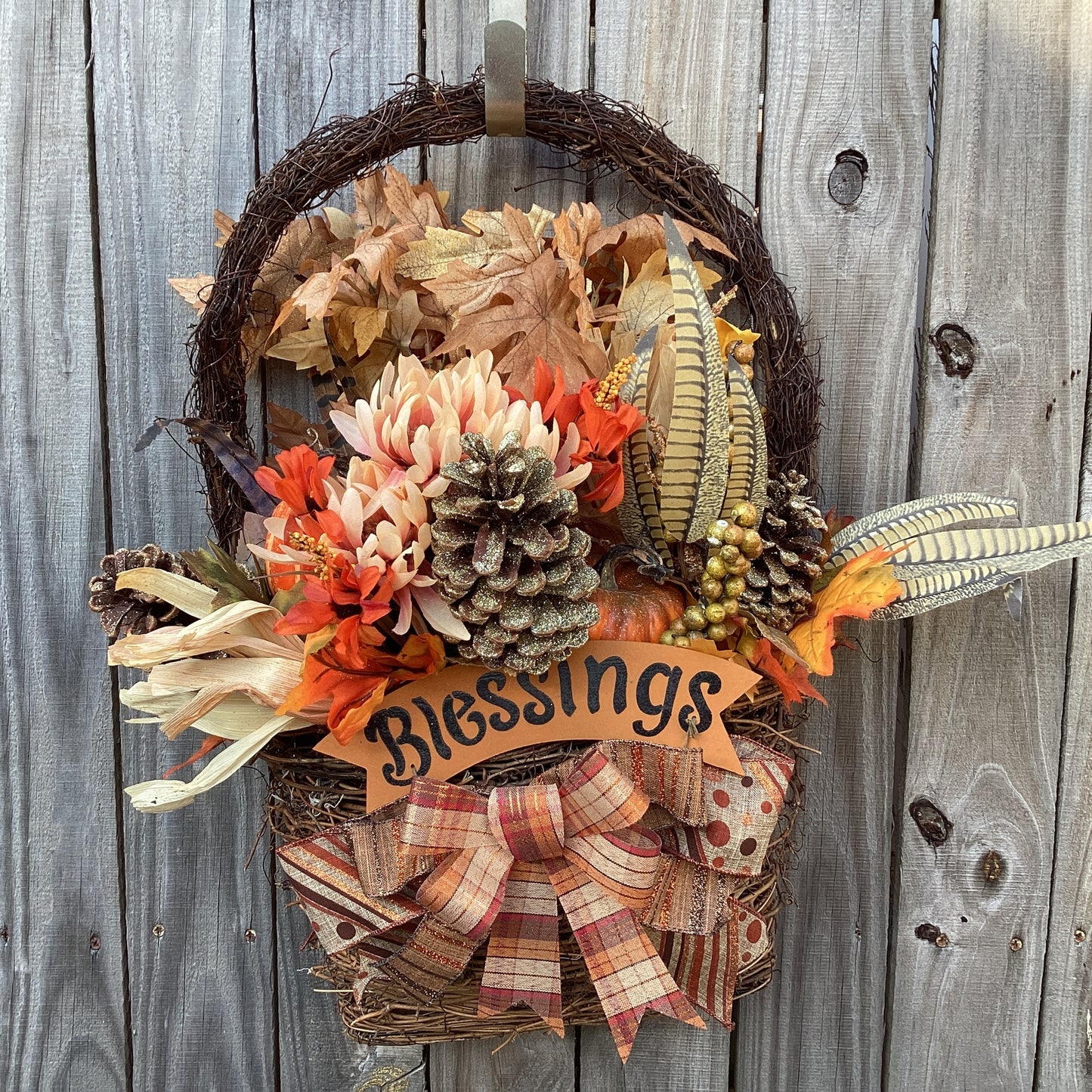 AGD Fall Decor - Large Blessings Grapevine Basket Harvest Floral Wreath