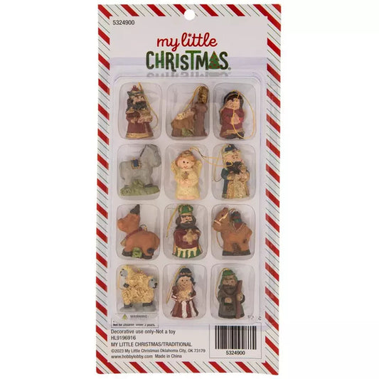 HL Christmas Decor - Mini Tree Resin Traditional Nativity Ornaments 12pc