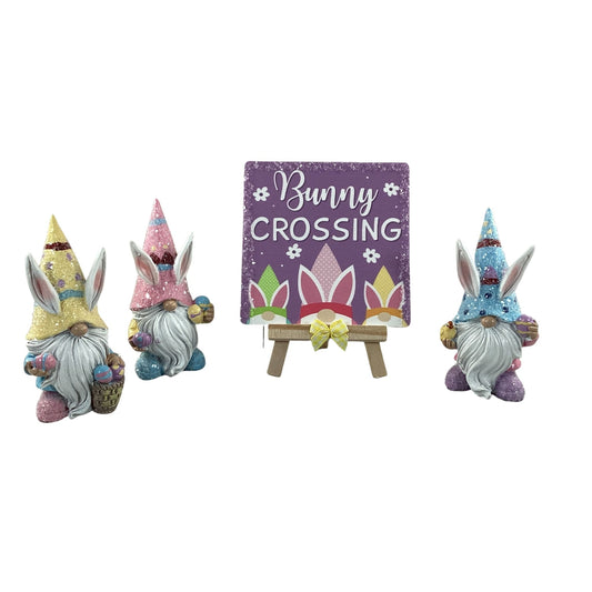 AGD Easter Decor - Resin Gnome Glitter Bunny Rabbit Tier Tray 4pc Set (F)