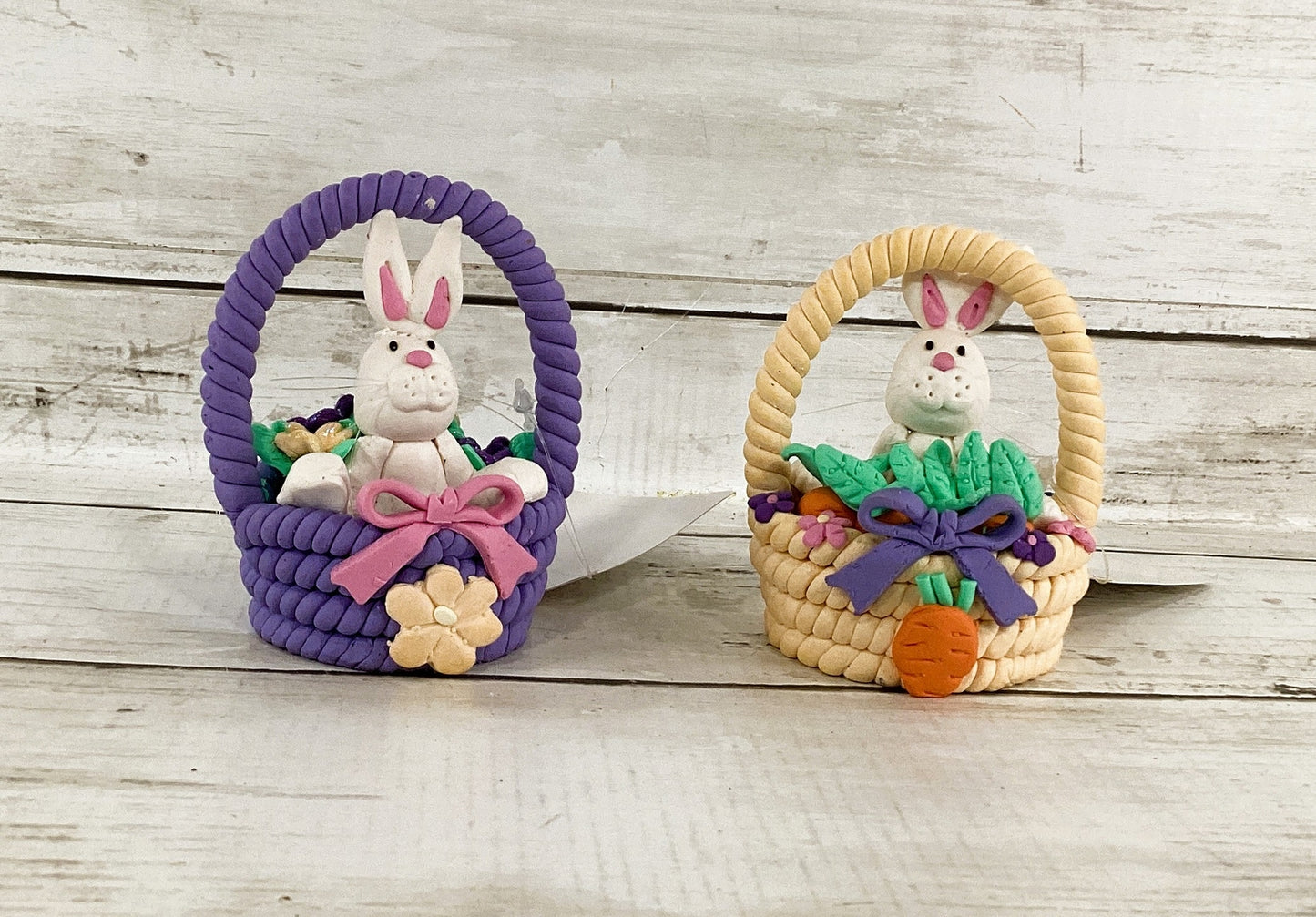HL Easter Decor - Adorable Clay Bunny in Baskets 2pc Set