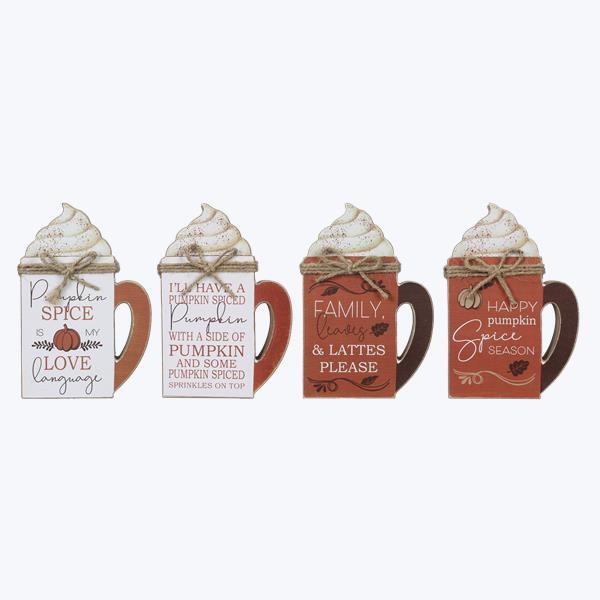 Youngs Fall Decor - Chunky Wood Pumpkin Spice Latte Chai Mug Coffee Cup 4pc Set