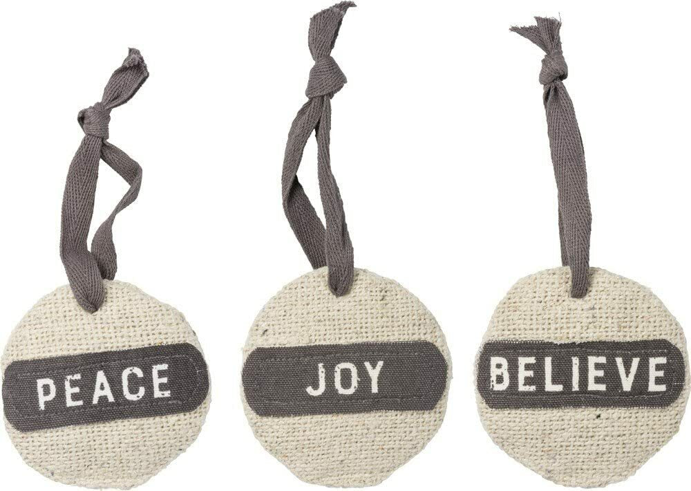 PBK Christmas Decor - Prim Joy Peace Believe Fabric Ornaments 3pc Set