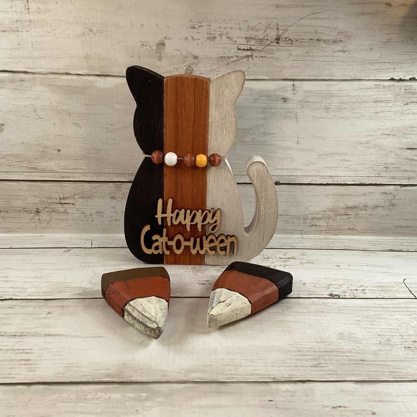 AGD Halloween Decor - Black White Orange Slat Cat anc Candy Corns 3pc