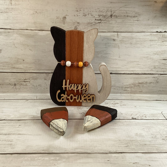 AGD Halloween Decor - Black White Orange Slat Cat anc Candy Corns 3pc