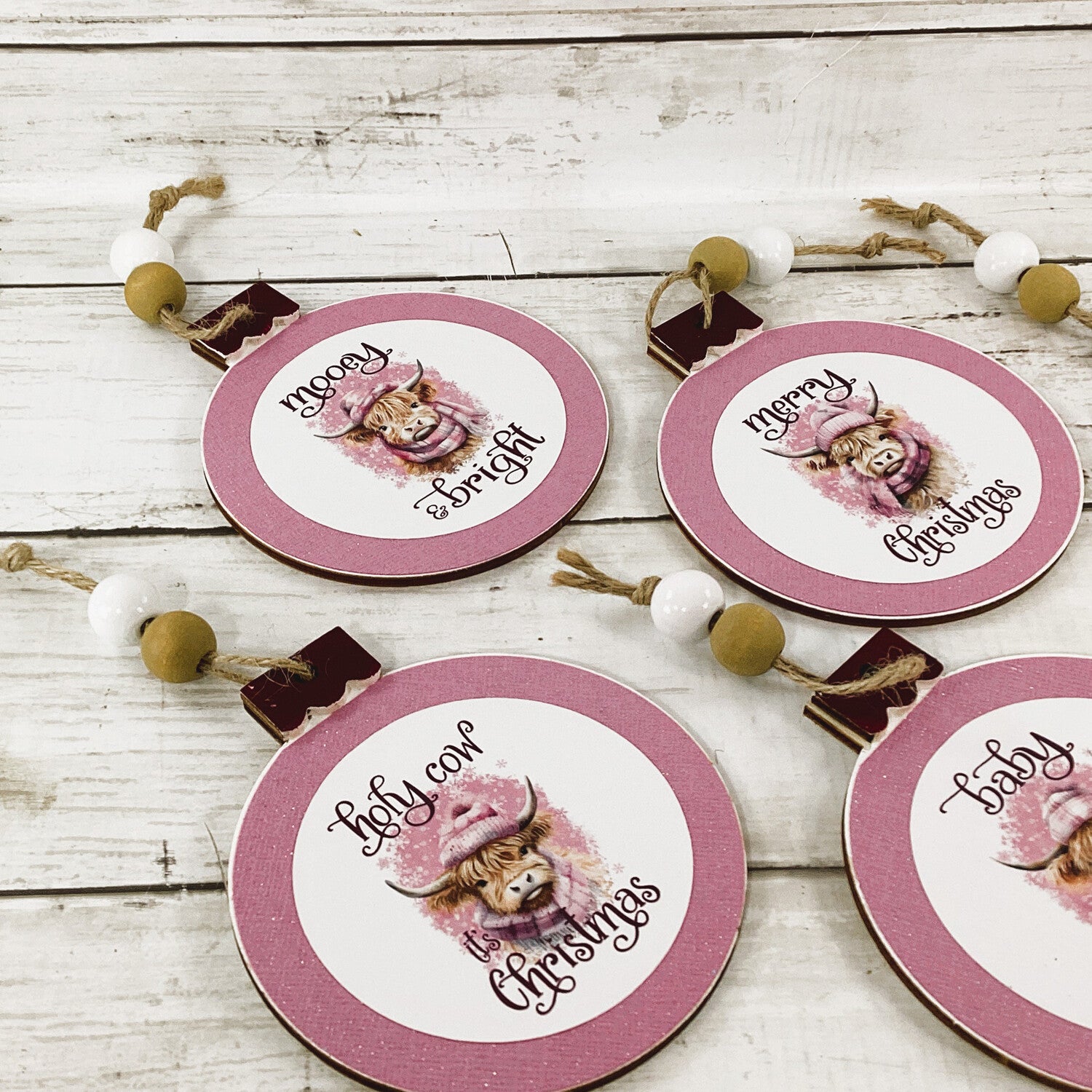 AGD Christmas Decor - Pink Highland Scottish Cow Ornaments 4pc Set